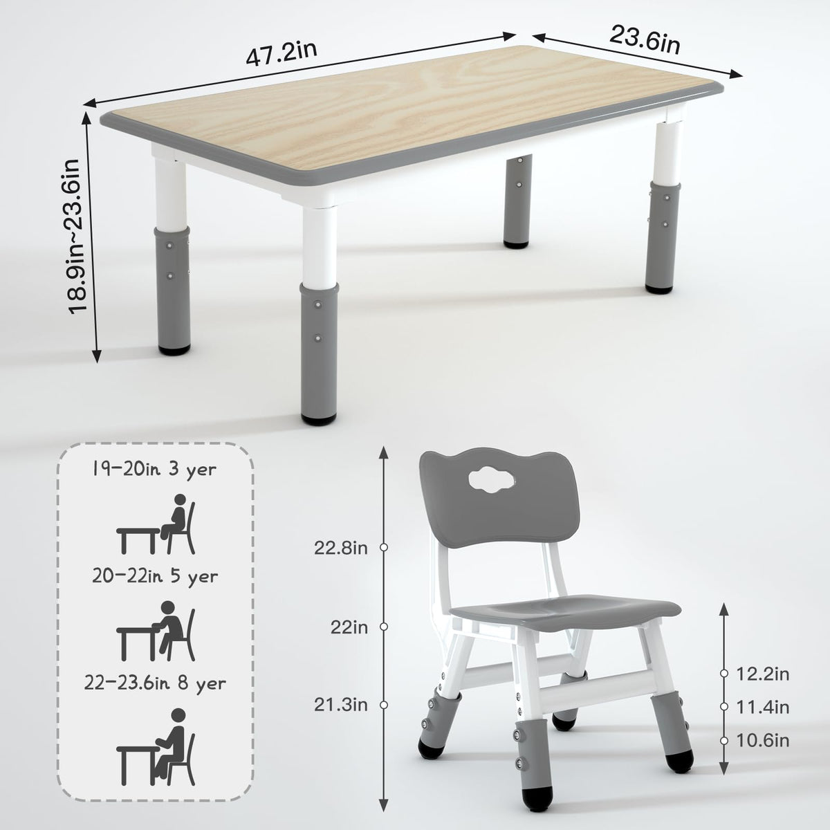 Height Adjustable Kids Table with 6 Chairs, Durable HDPE Play Set for Children Ages 2–12, Gray