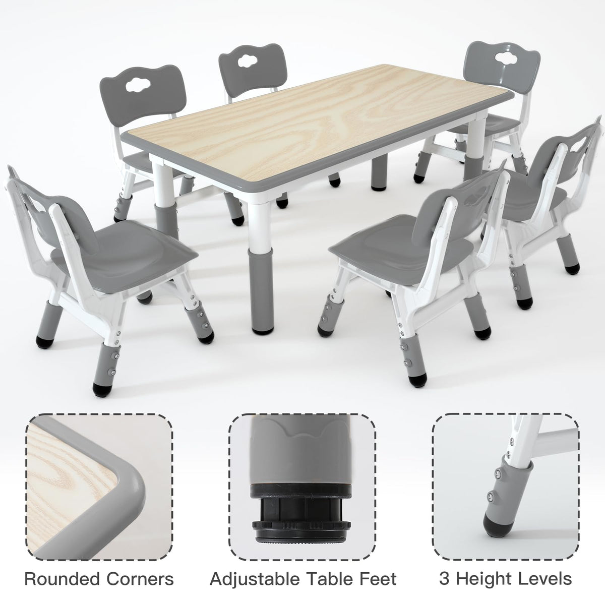 Height Adjustable Kids Table with 6 Chairs, Durable HDPE Play Set for Children Ages 2–12, Gray