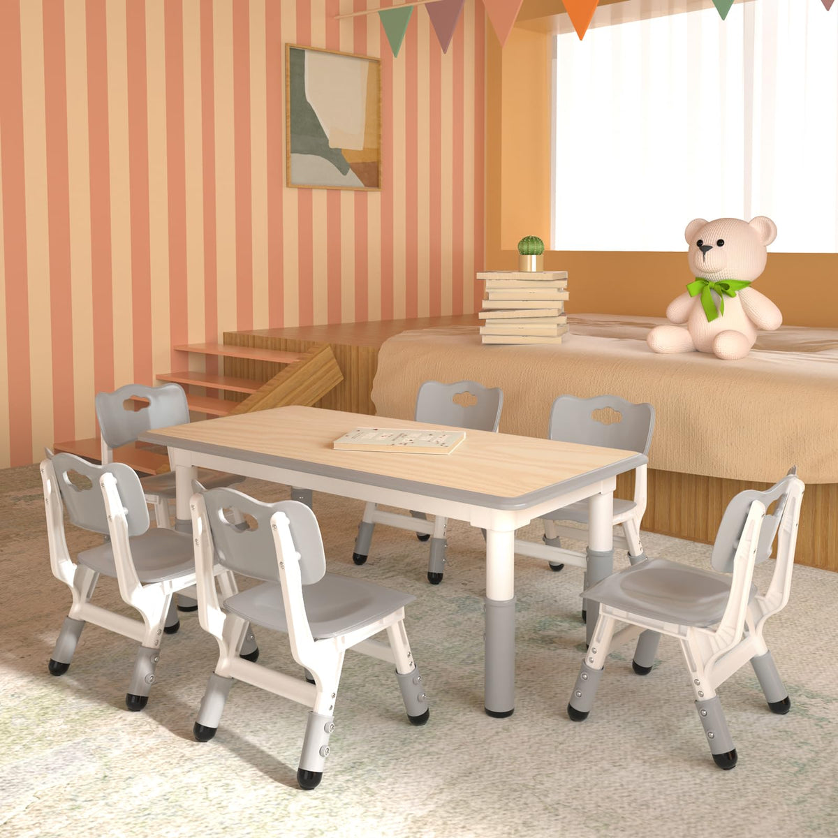 Height Adjustable Kids Table with 6 Chairs, Durable HDPE Play Set for Children Ages 2–12, Gray