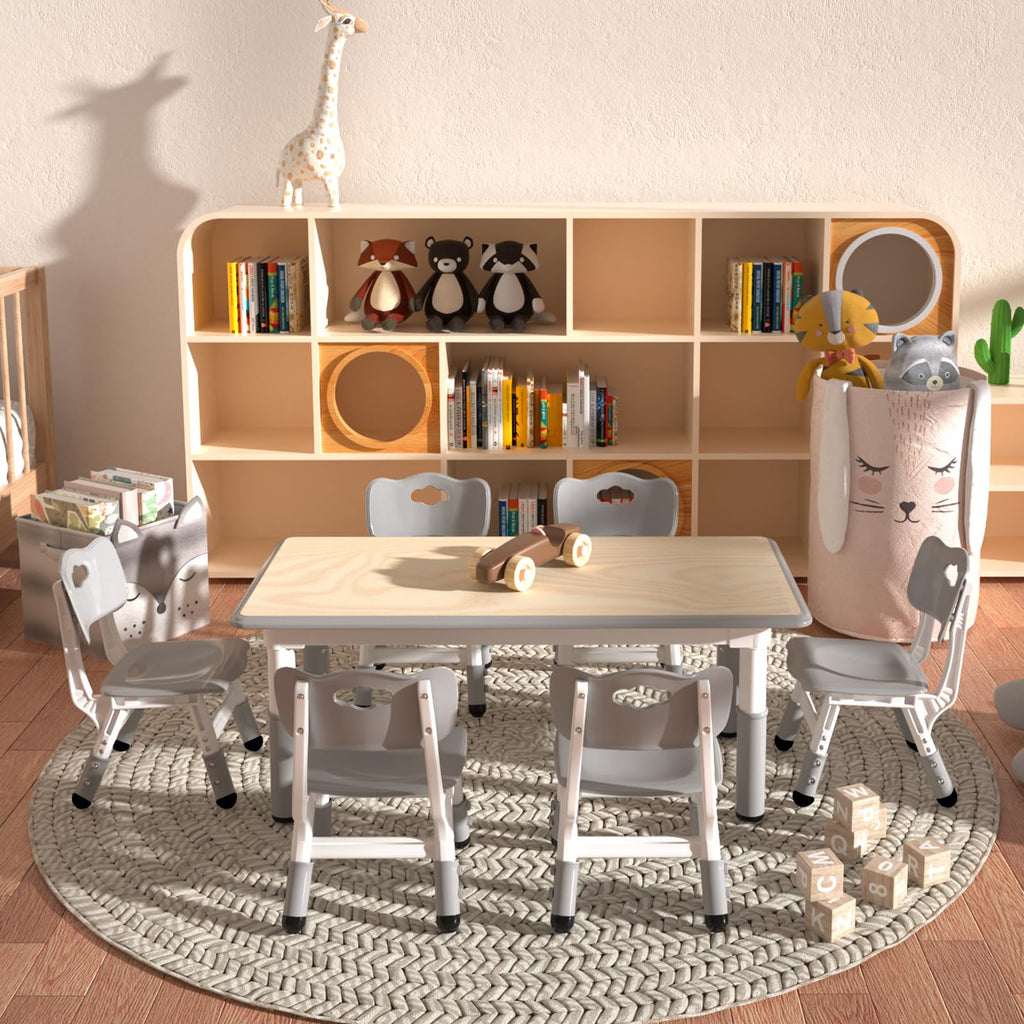 Height Adjustable Kids Table with 6 Chairs, Durable HDPE Play Set for Children Ages 2–12, Gray