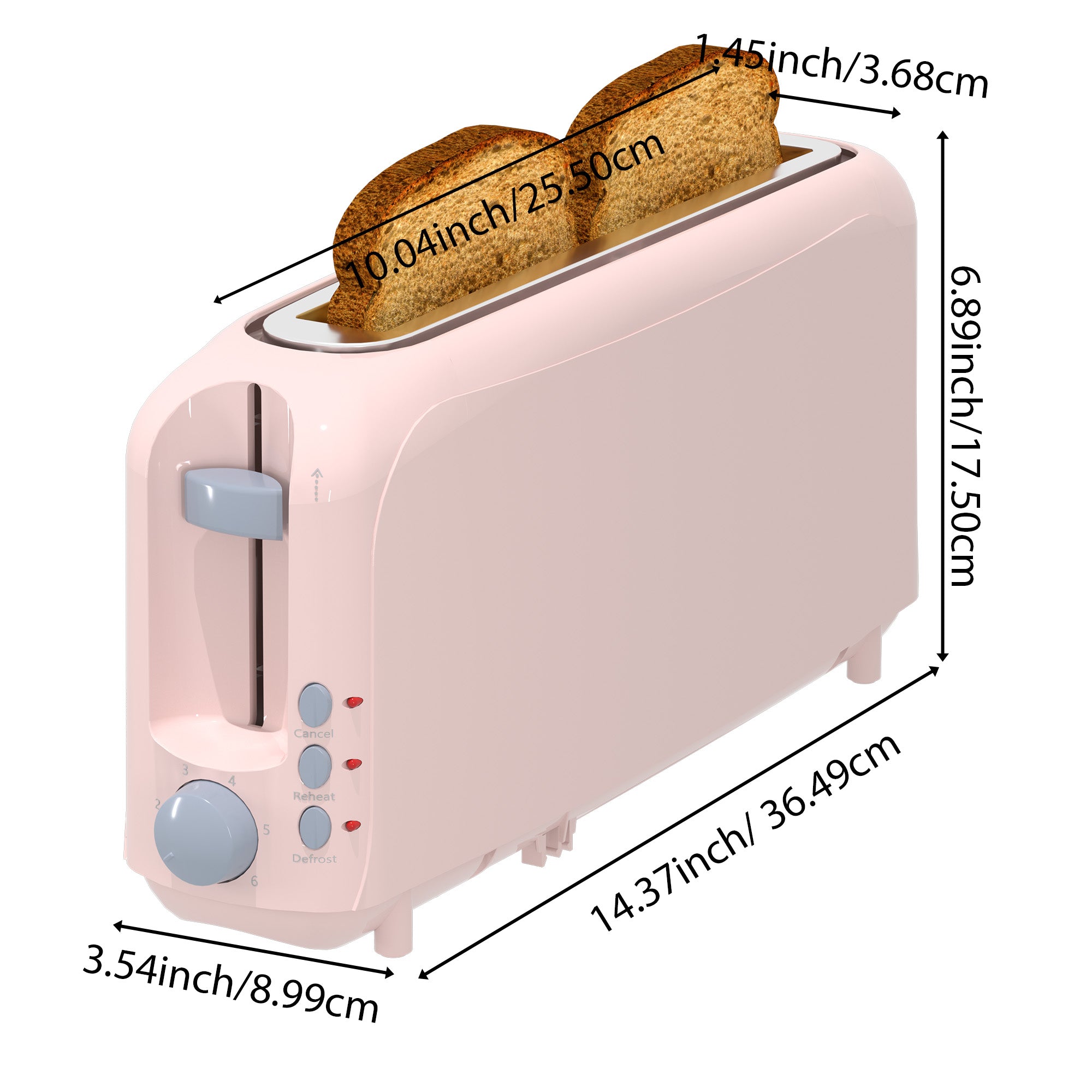 2-Slice Toaster with 10" Extra Long Slot, 6 Browning Levels, Removable Crumb Tray, Defrost, Reheat & Cancel Functions, Auto Shut-Off Safety,Pink