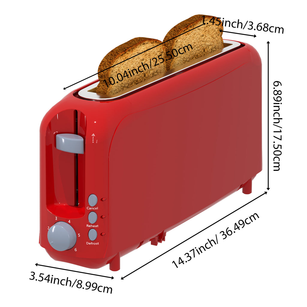 2-Slice Toaster with 10" Extra Long Slot, 6 Browning Levels, Removable Crumb Tray, Defrost, Reheat & Cancel Functions, Auto Shut-Off Safety,Red