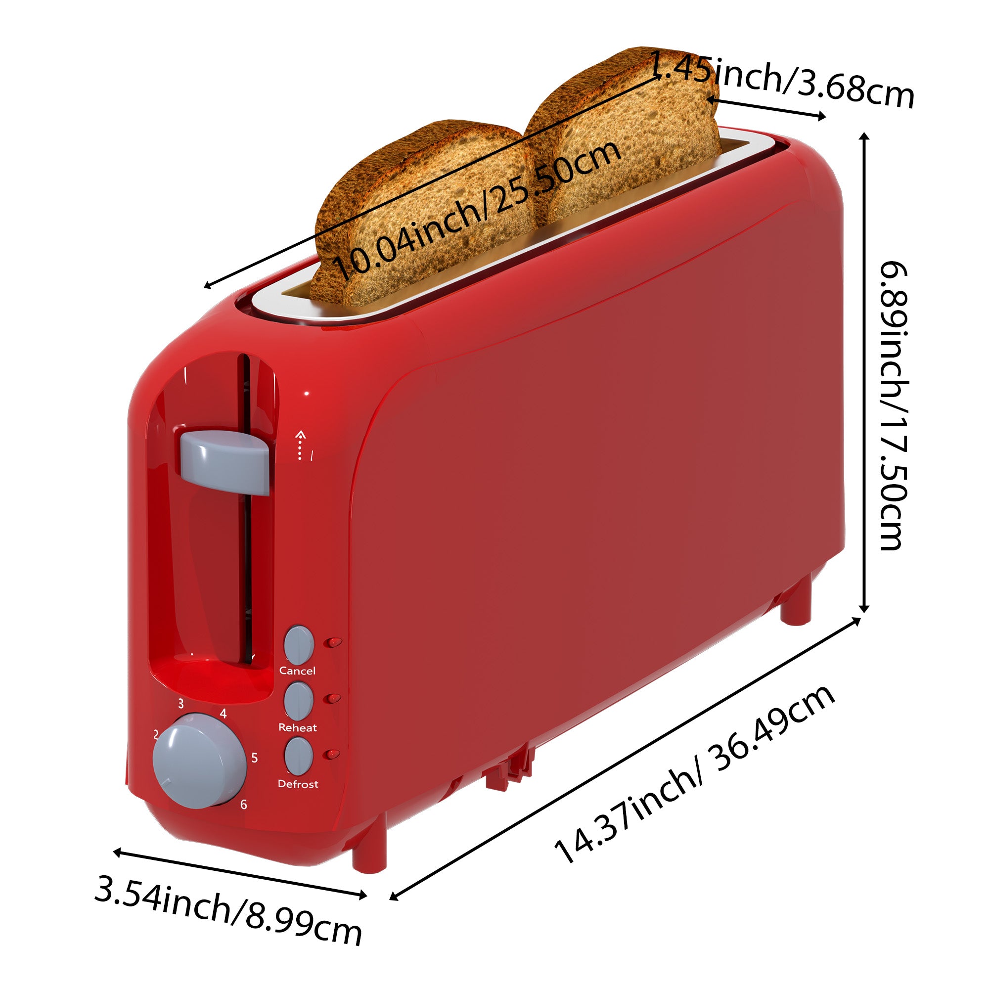 2-Slice Toaster with 10" Extra Long Slot, 6 Browning Levels, Removable Crumb Tray, Defrost, Reheat & Cancel Functions, Auto Shut-Off Safety,Red