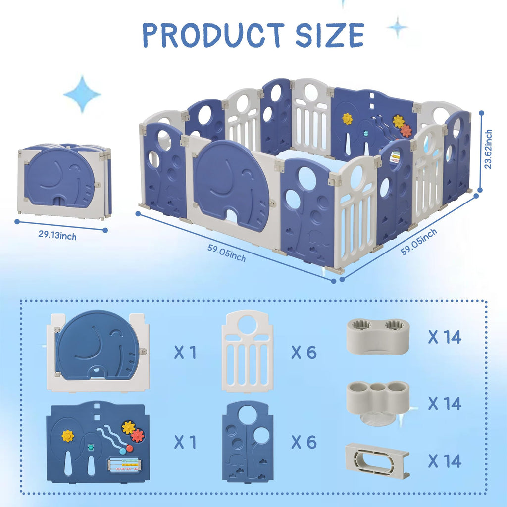 14-Panel Portable Plastic Playpen,Safe Activity Fence,Blue