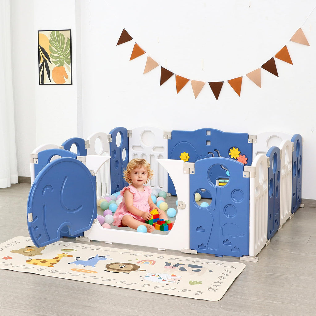 14-Panel Portable Plastic Playpen,Safe Activity Fence,Blue