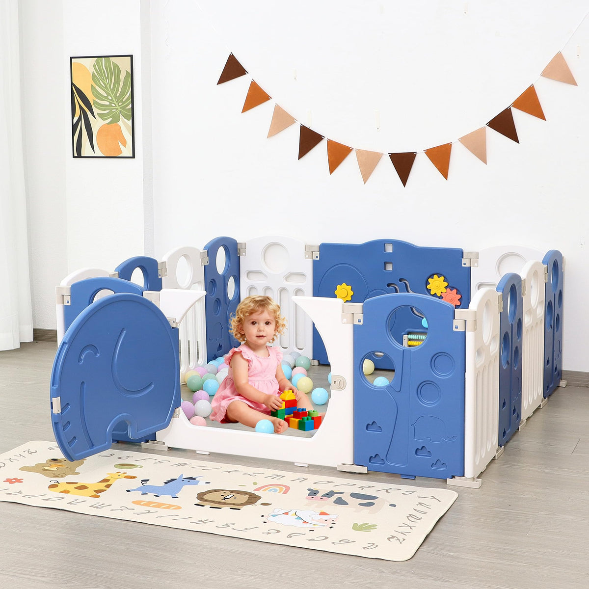 14-Panel Portable Plastic Playpen,Safe Activity Fence,Blue