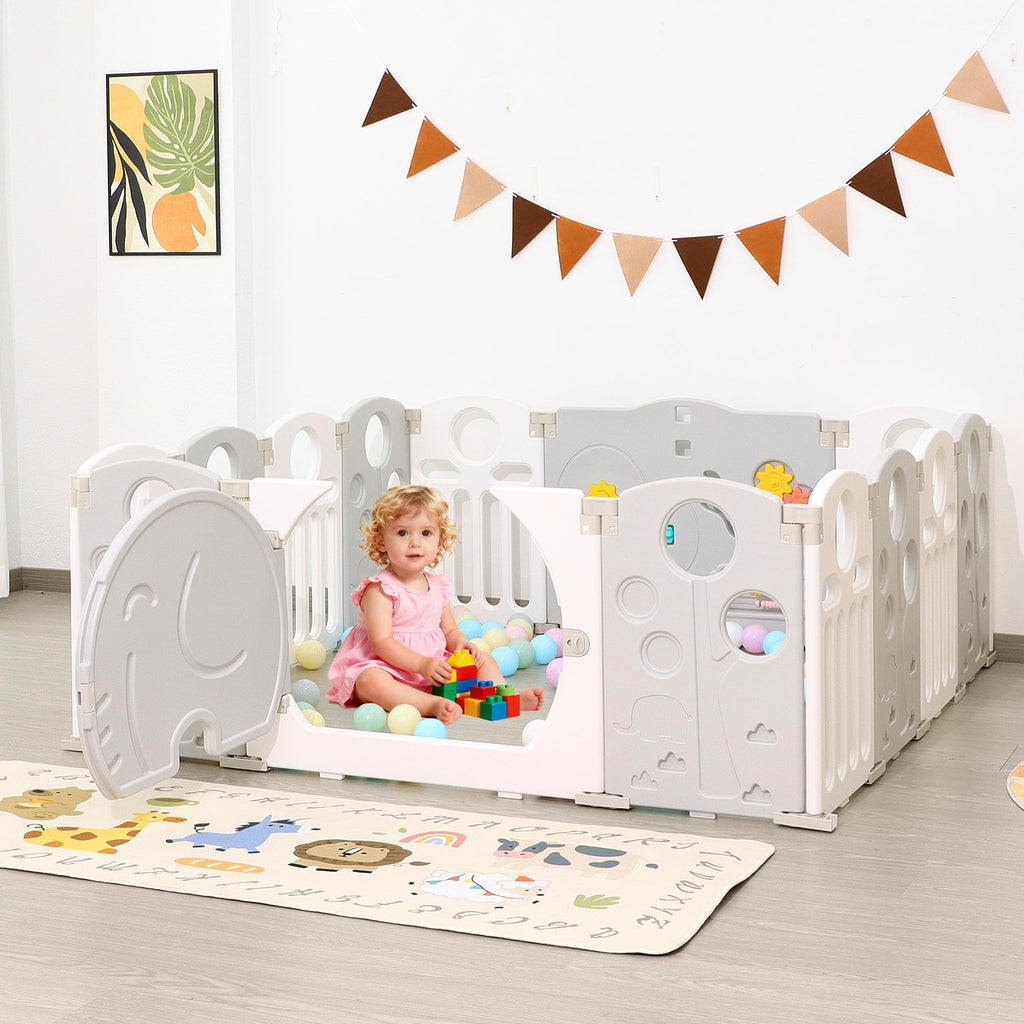 14-Panel Portable Plastic Playpen,Safety Fence for Kids & Toddlers,Grey