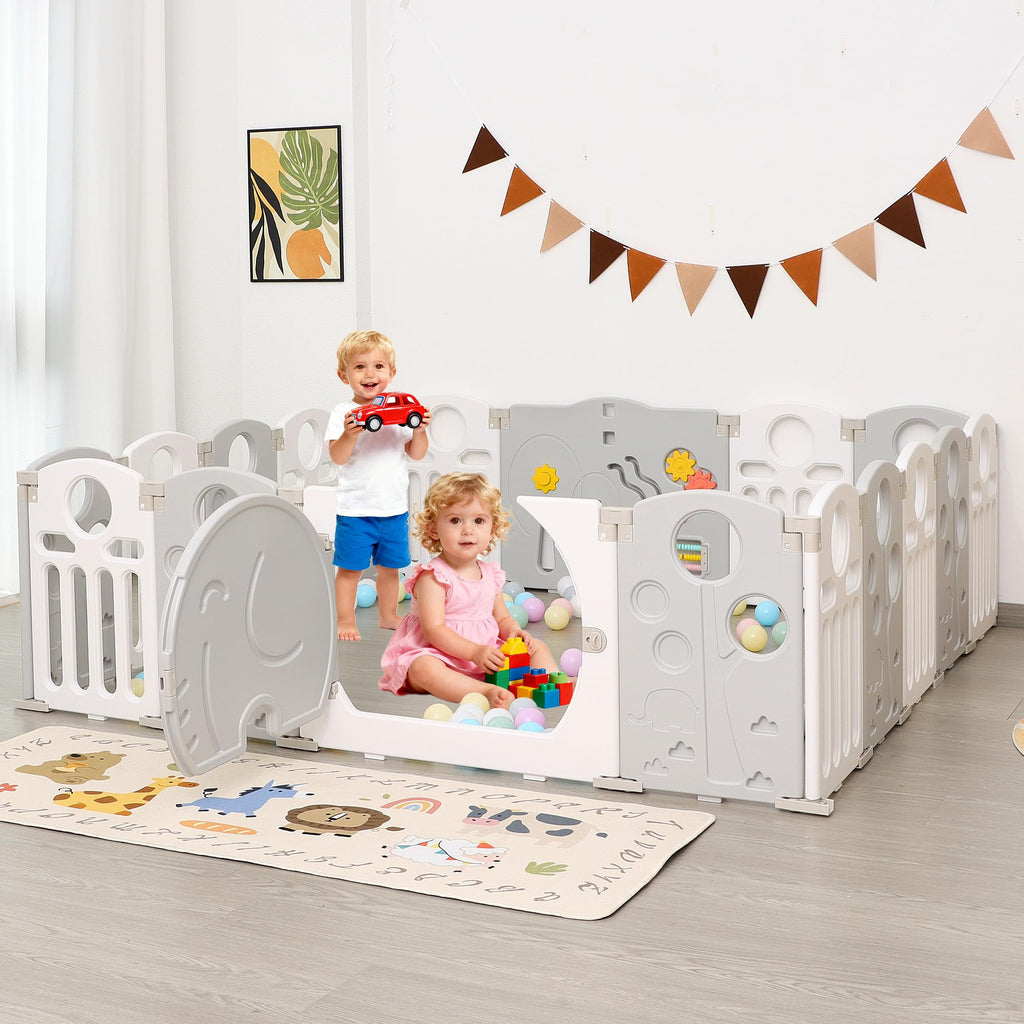 18-Panel Portable Plastic Playpen,Kids Activity Fence,Grey