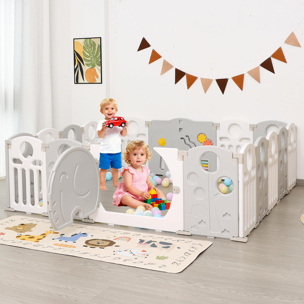 18-Panel Portable Plastic Playpen,Kids Activity Fence,Grey