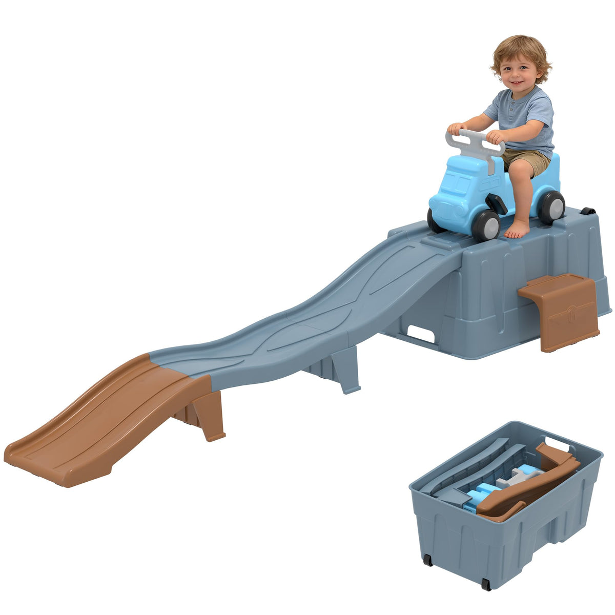 Kids Up and Down Roller Coaster Ride On Toy, Toddler Push Car with Assembly Race Track & Storage Base, Indoor Outdoor Play Equipment,Blue