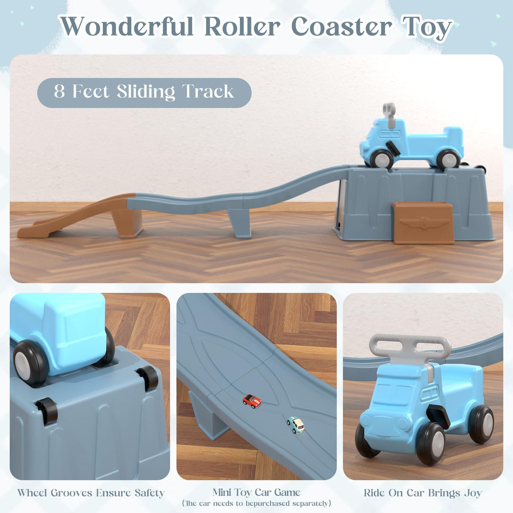 Kids Up and Down Roller Coaster Ride On Toy, Toddler Push Car with Assembly Race Track & Storage Base, Indoor Outdoor Play Equipment,Blue