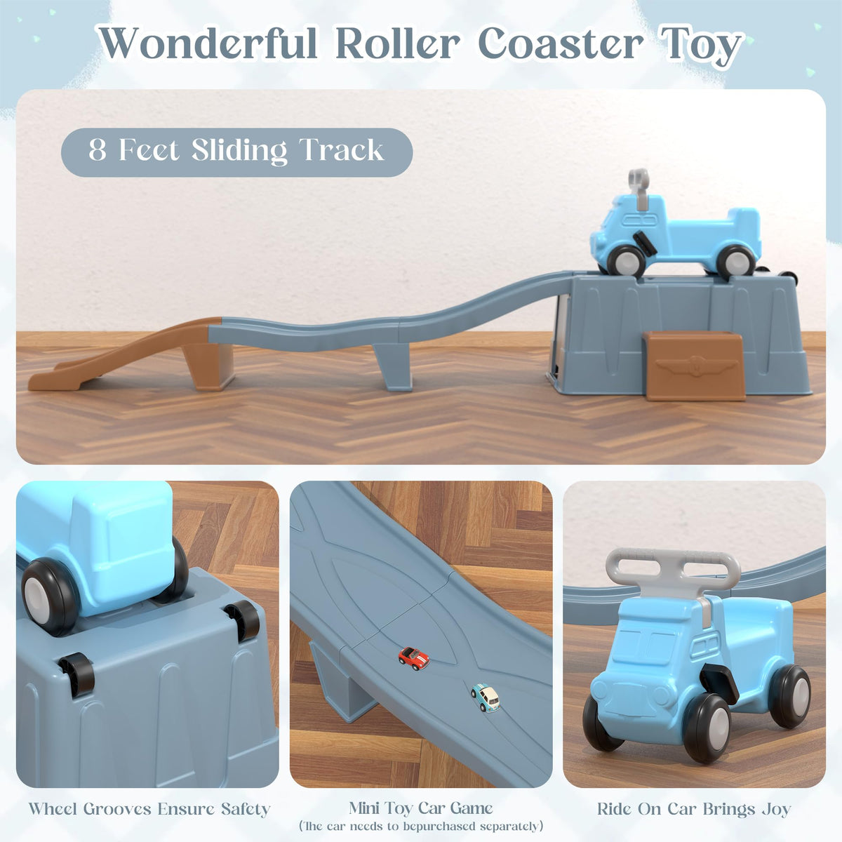 Kids Up and Down Roller Coaster Ride On Toy, Toddler Push Car with Assembly Race Track & Storage Base, Indoor Outdoor Play Equipment,Blue