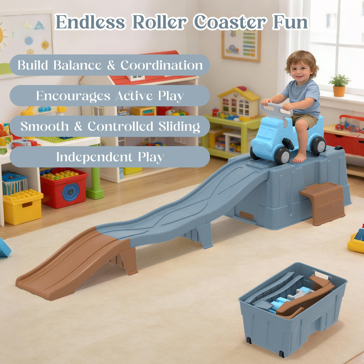 Kids Up and Down Roller Coaster Ride On Toy, Toddler Push Car with Assembly Race Track & Storage Base, Indoor Outdoor Play Equipment,Blue