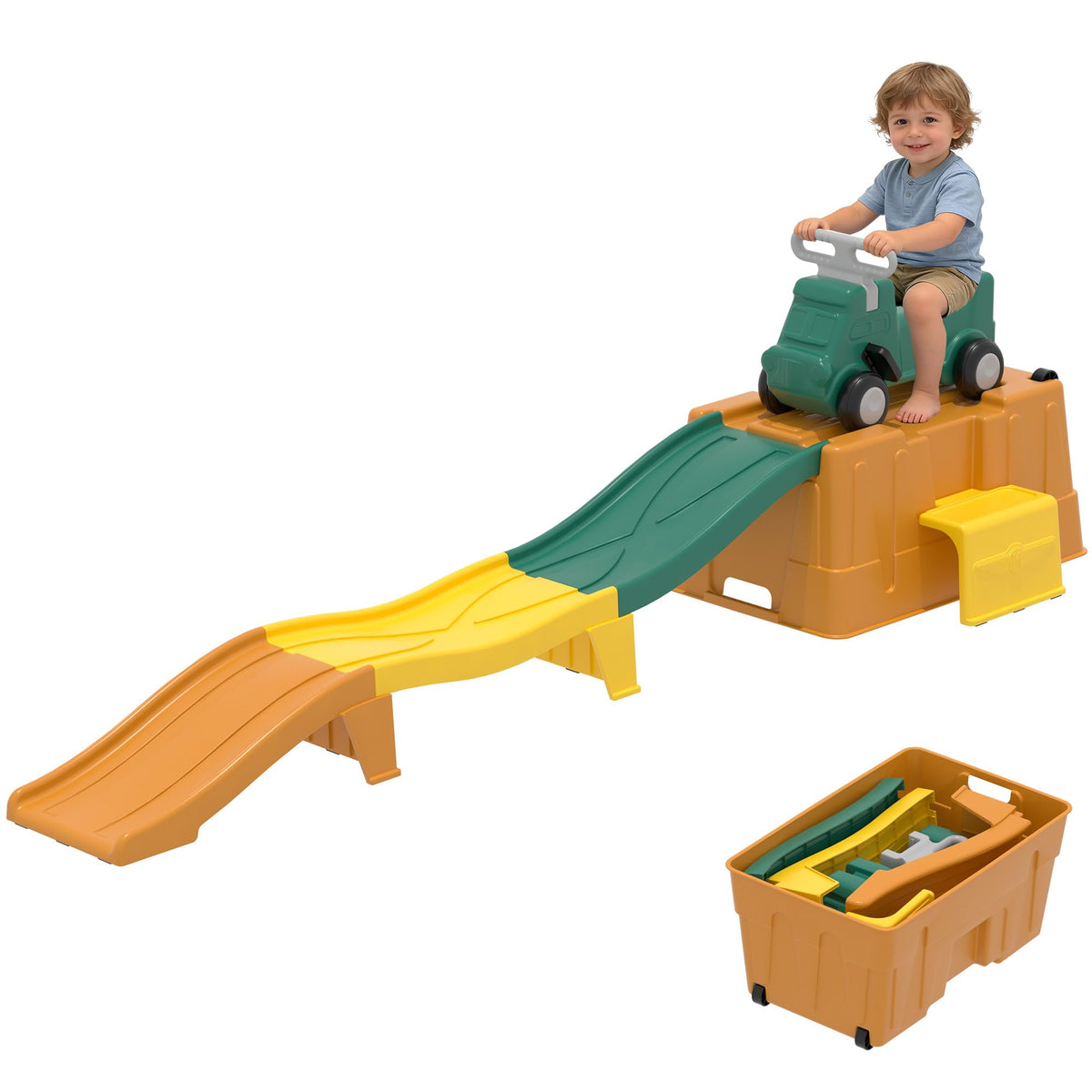 Kids Up and Down Roller Coaster Ride On Toy, Toddler Push Car with Assembly Race Track & Storage Base, Indoor Outdoor Play Equipment,Green