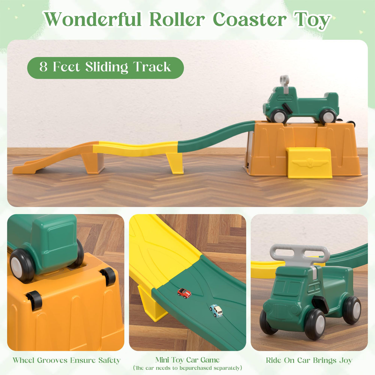 Kids Up and Down Roller Coaster Ride On Toy, Toddler Push Car with Assembly Race Track & Storage Base, Indoor Outdoor Play Equipment,Green
