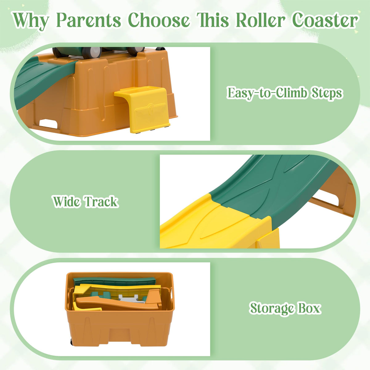 Kids Up and Down Roller Coaster Ride On Toy, Toddler Push Car with Assembly Race Track & Storage Base, Indoor Outdoor Play Equipment,Green