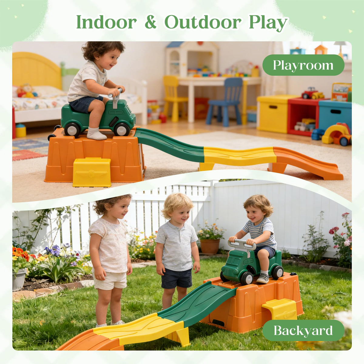 Kids Up and Down Roller Coaster Ride On Toy, Toddler Push Car with Assembly Race Track & Storage Base, Indoor Outdoor Play Equipment,Green