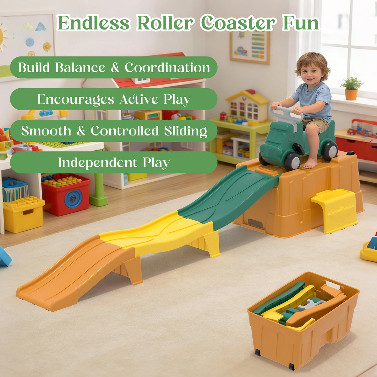Kids Up and Down Roller Coaster Ride On Toy, Toddler Push Car with Assembly Race Track & Storage Base, Indoor Outdoor Play Equipment,Green
