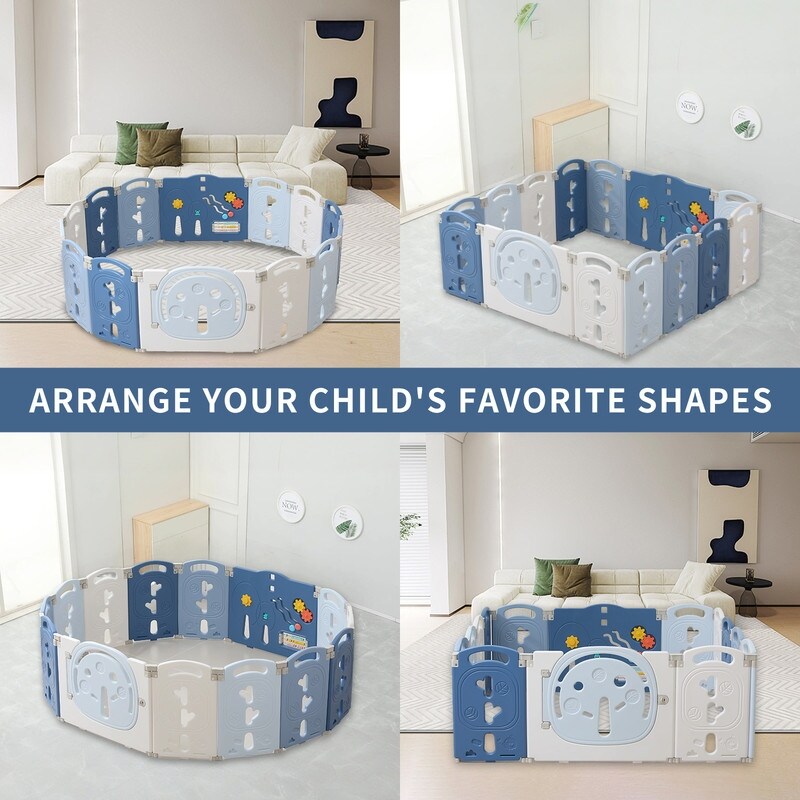 14-Panel Portable Plastic Playpen,Safe Activity Fence for Toddlers,Blue