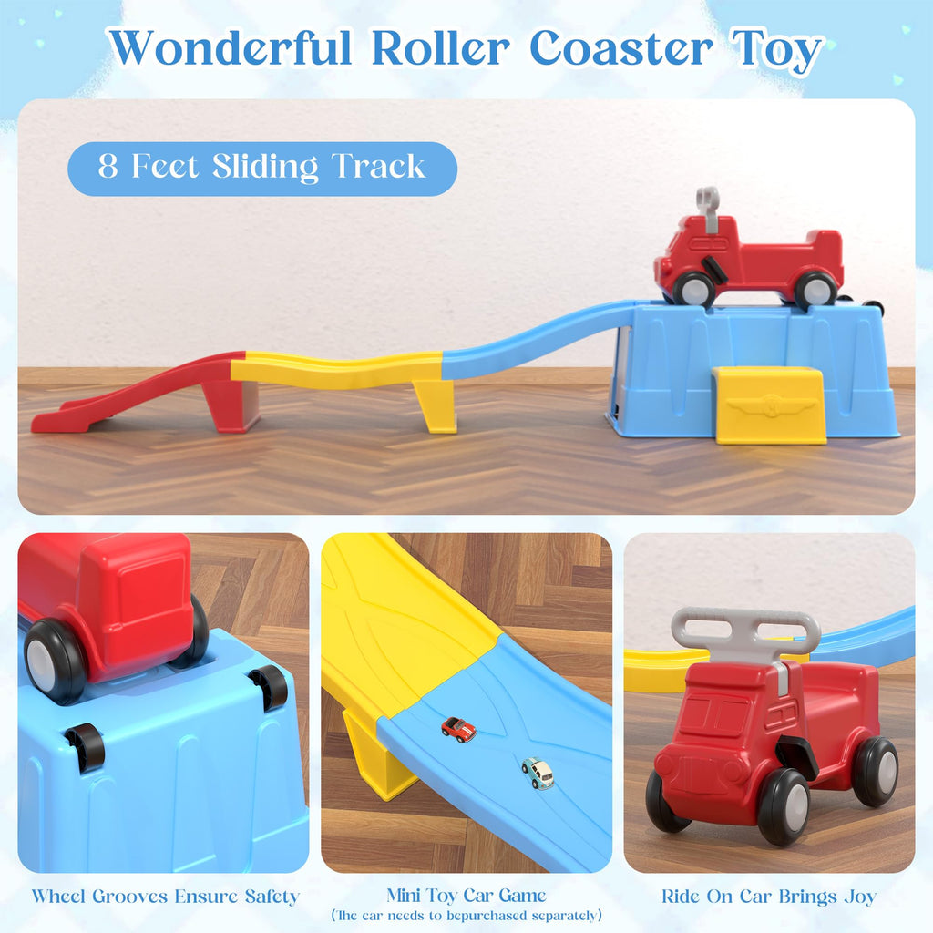 Kids Up and Down Roller Coaster Ride On Toy, Toddler Push Car with Assembly Race Track & Storage Base, Indoor Outdoor Play Equipment,Red