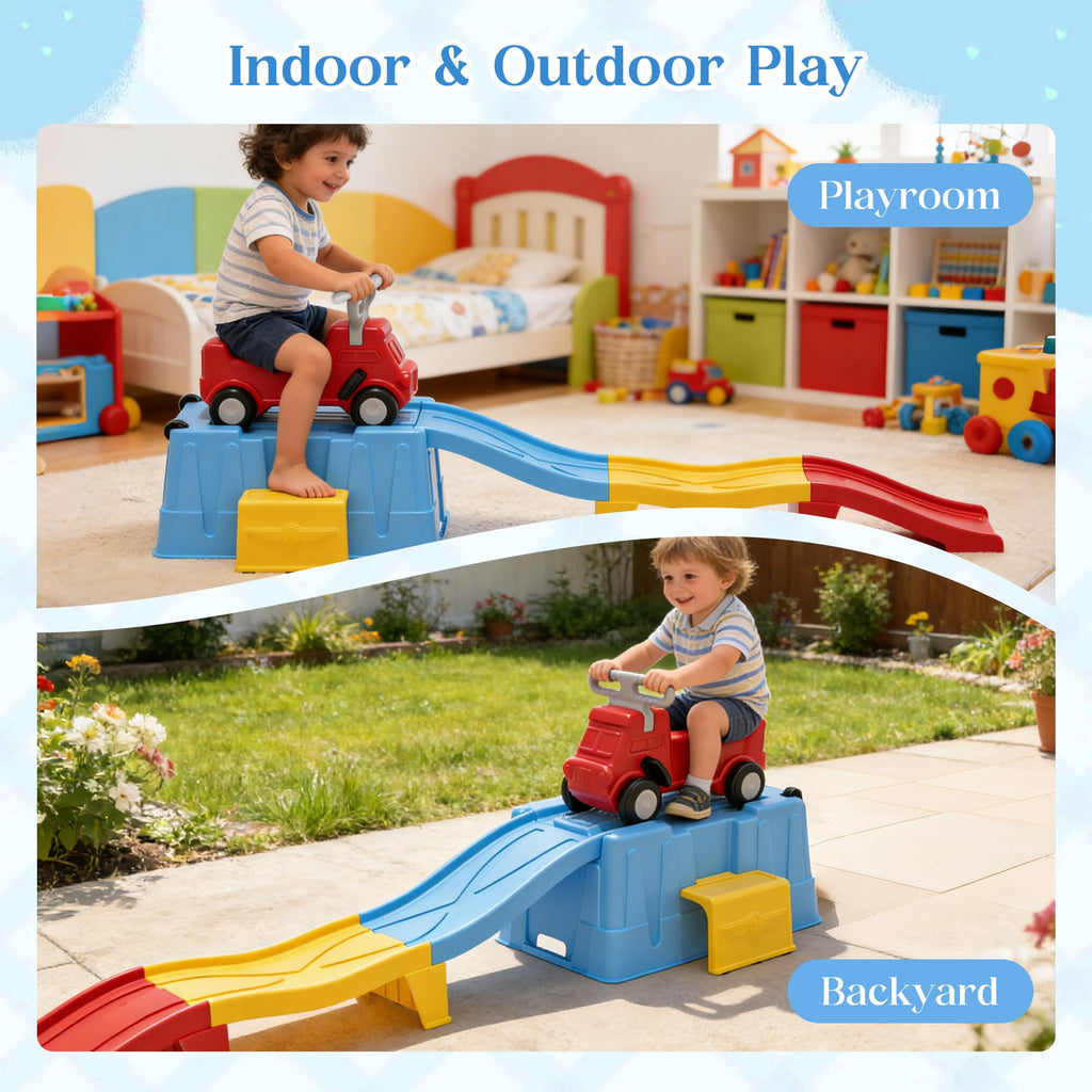 Kids Up and Down Roller Coaster Ride On Toy, Toddler Push Car with Assembly Race Track & Storage Base, Indoor Outdoor Play Equipment,Red
