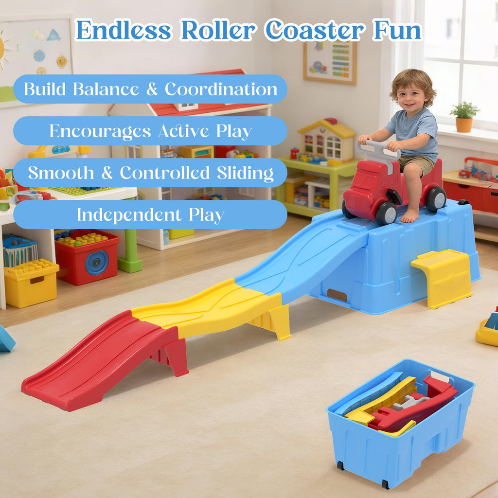 Kids Up and Down Roller Coaster Ride On Toy, Toddler Push Car with Assembly Race Track & Storage Base, Indoor Outdoor Play Equipment,Red