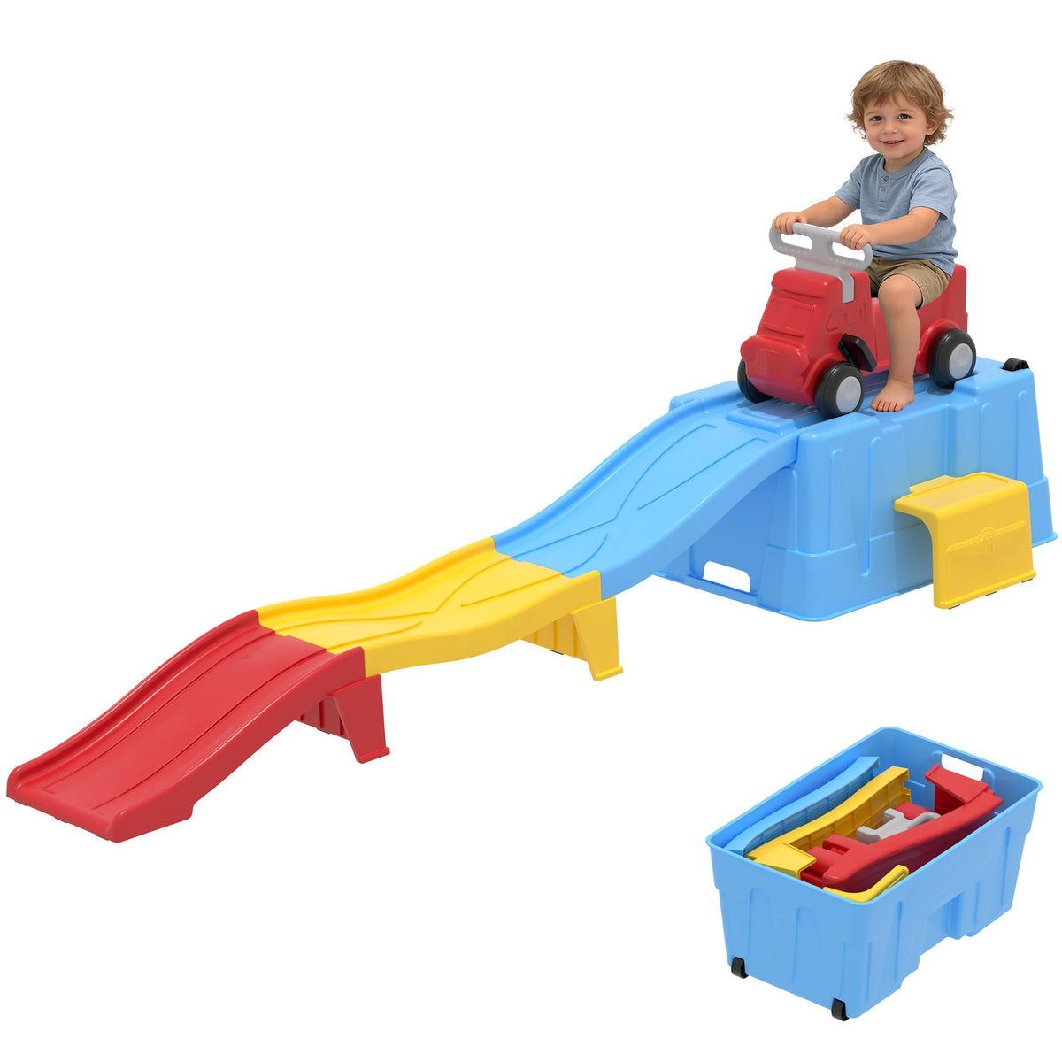 Kids Up and Down Roller Coaster Ride On Toy, Toddler Push Car with Assembly Race Track & Storage Base, Indoor Outdoor Play Equipment,Blue