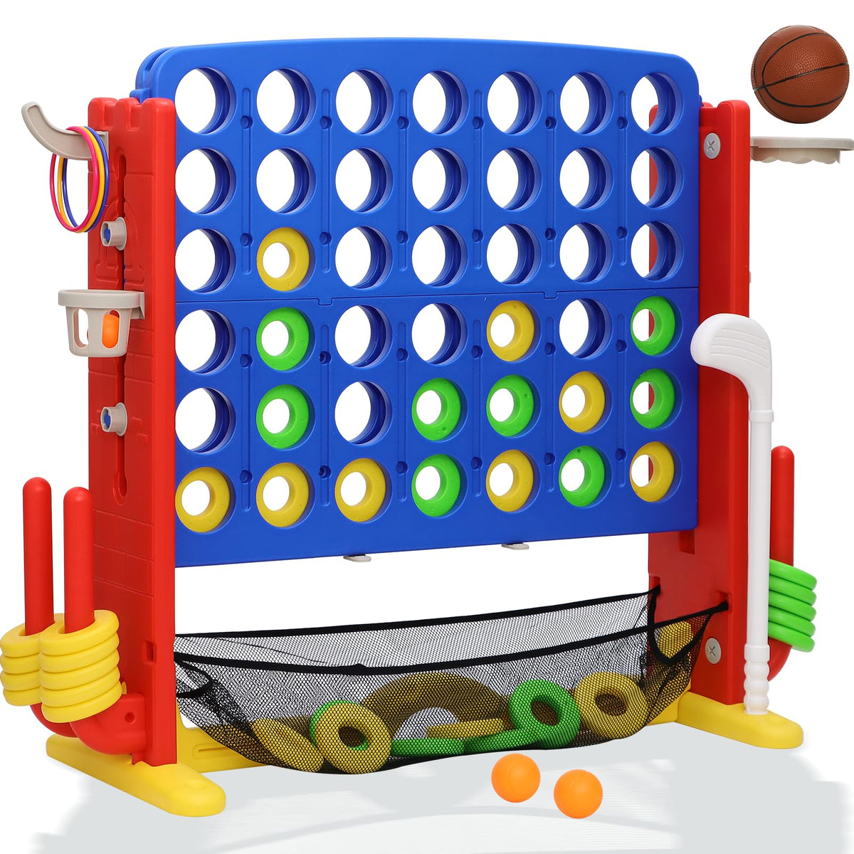 Jumbo 4-to-Score Connect Game with Height Adjustment, Multi-Game Set Including Golf, Basketball Hoop, Ring Toss & Mesh Bag,Green