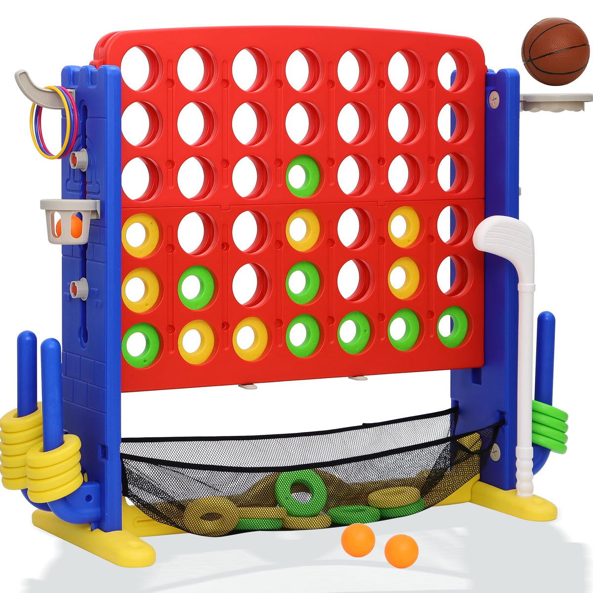 Jumbo 4-to-Score Connect Game with Height Adjustment, Multi-Game Set Including Golf, Basketball Hoop, Ring Toss & Mesh Bag,Red