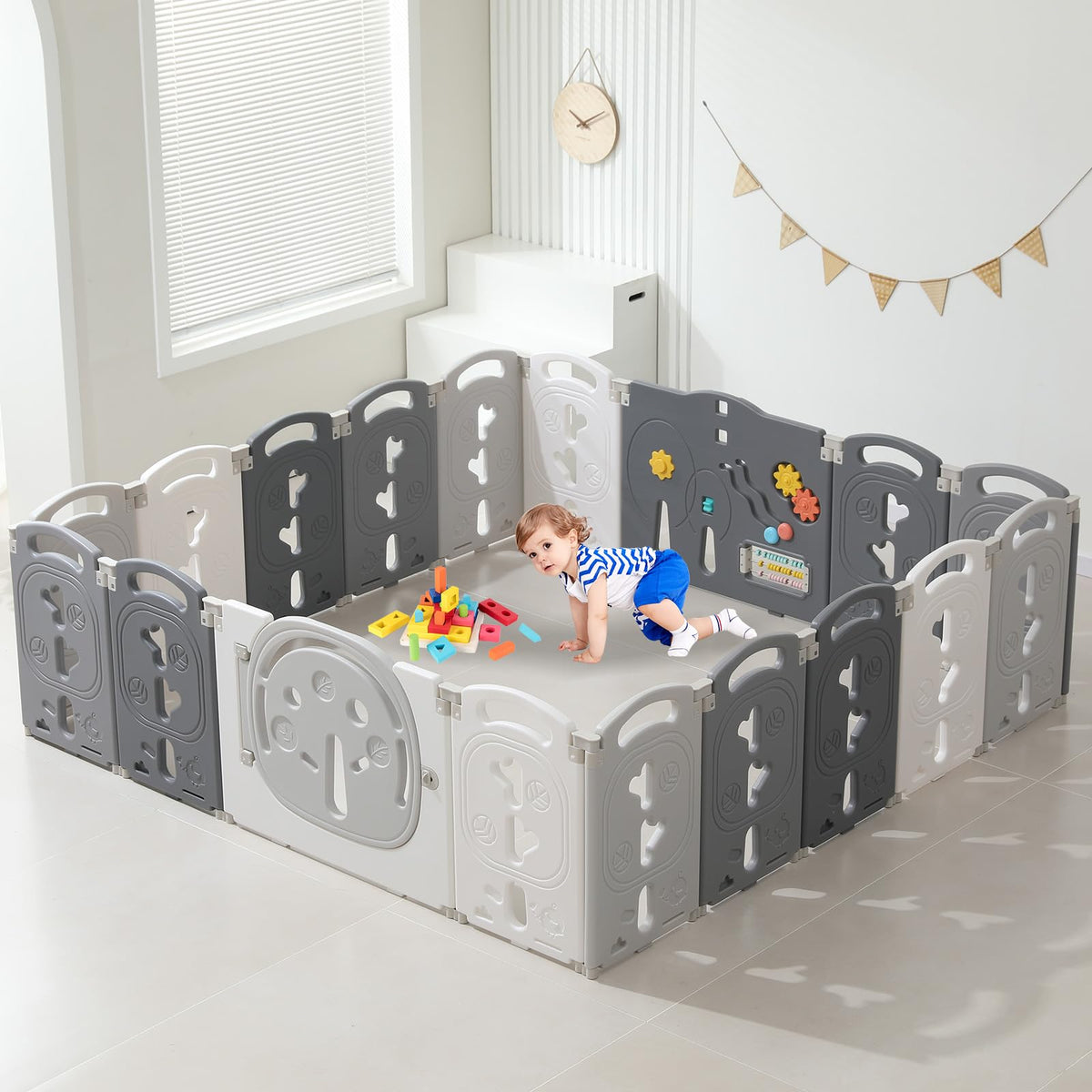 18-Panel Portable Plastic Playpen,Safe Activity Fence for Toddlers,Pink