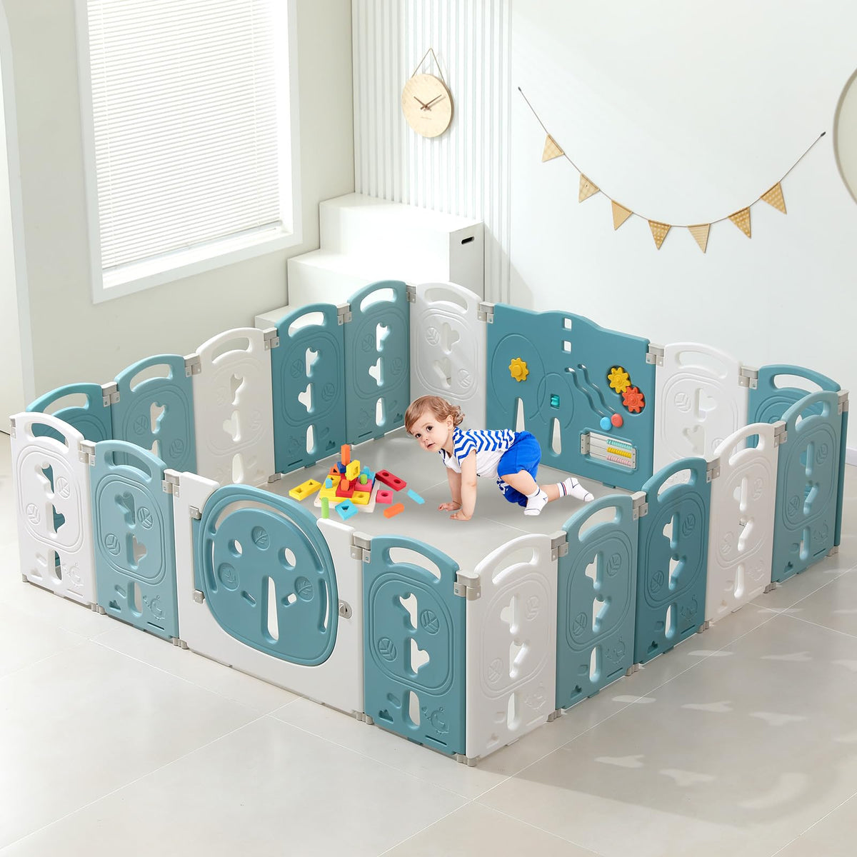 14-Panel Portable Plastic Playpen,Safe Activity Fence for Toddlers,Blue