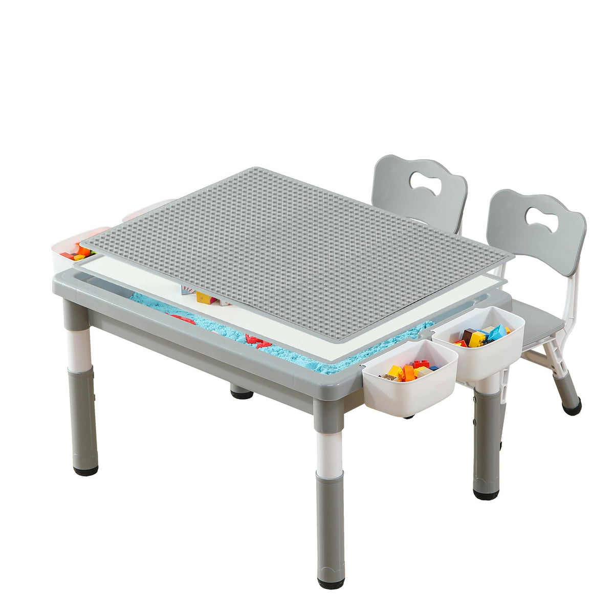 4-in-1 Toddler Activity Table with 2 Chairs, Double Sided Tabletop for Graffiti & Building Blocks, Kids Play Set with Four Side Storage Bins,Brown
