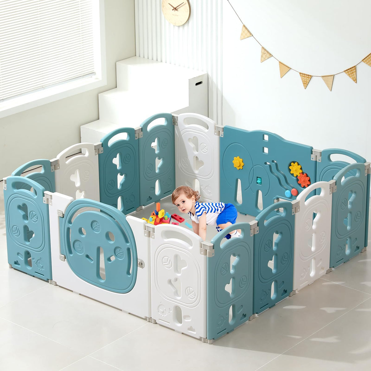 18-Panel Portable Plastic Playpen,Safe Activity Fence for Toddlers,Blue