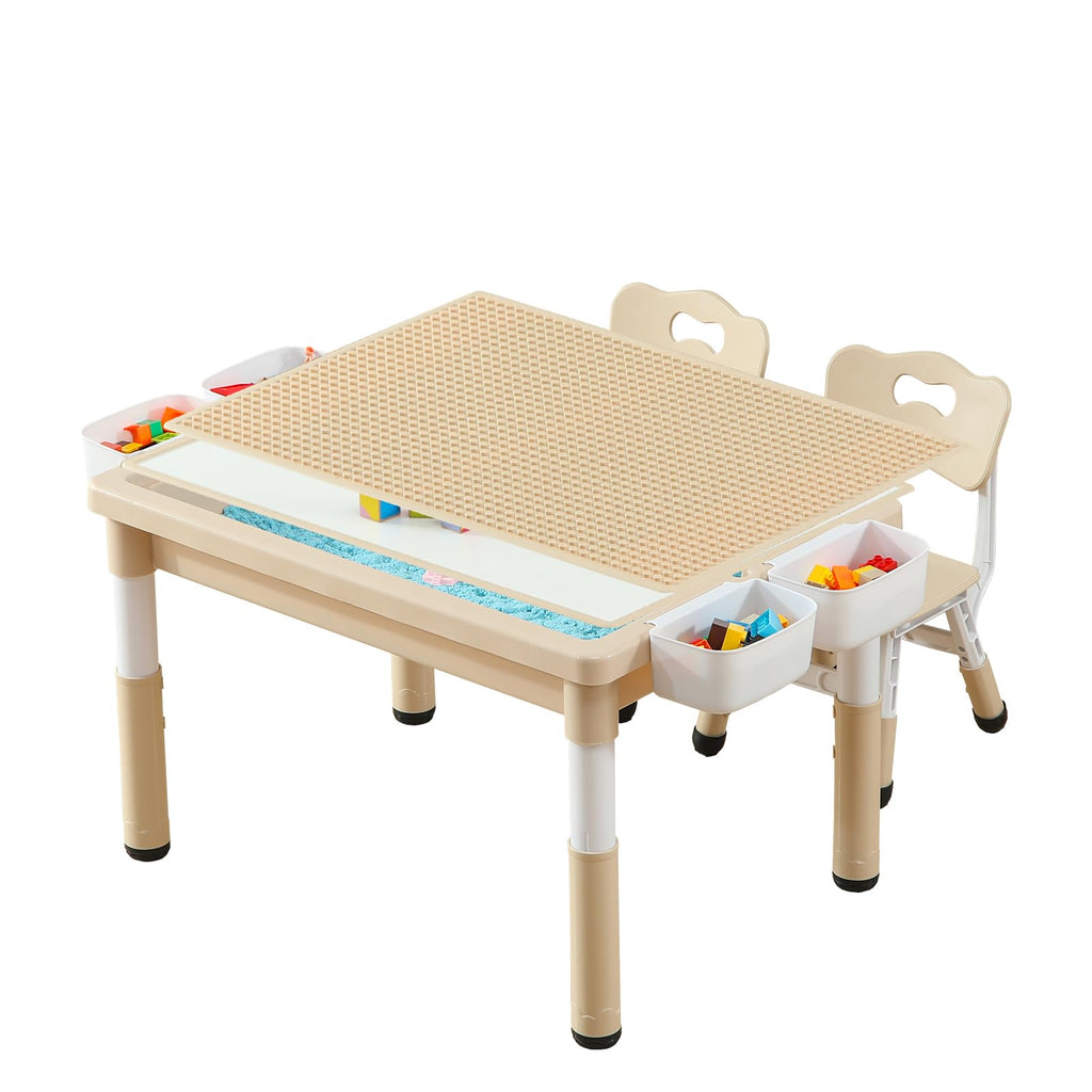 4-in-1 Toddler Activity Table with 2 Chairs, Double Sided Tabletop for Graffiti & Building Blocks, Kids Play Set with Four Side Storage Bins,Brown
