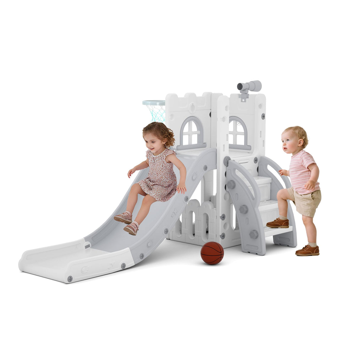 6-in-1 Toddler Slide Play Set for Ages 1–3,Multi-Functional Indoor Outdoor Kids Slide with Basketball Hoop&Telescope,L-Shaped Children Slidem,Grey