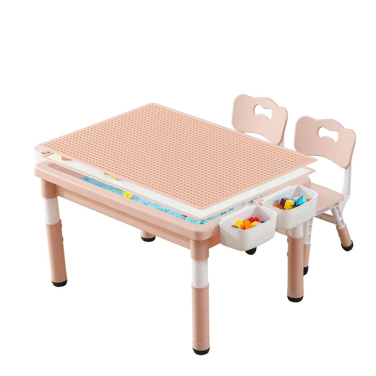 4-in-1 Toddler Activity Table with 2 Chairs, Double Sided Tabletop for Graffiti & Building Blocks, Kids Play Set with Four Side Storage Bins,Gray