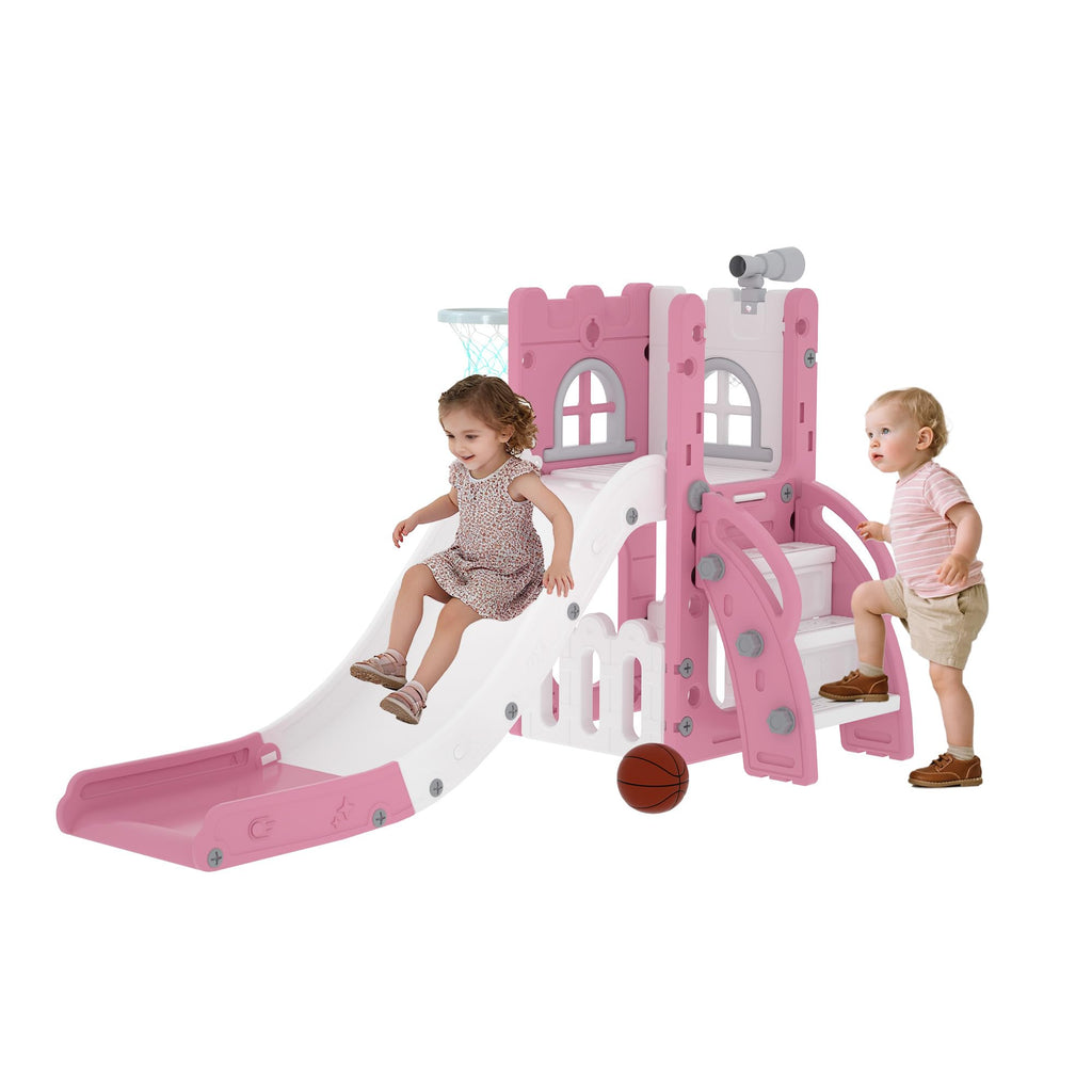 6-in-1 Toddler Slide Play Set for Ages 1–3,Multi-Functional Indoor Outdoor Kids Slide with Basketball Hoop&Telescope,L-Shaped Children Slidem,Pink