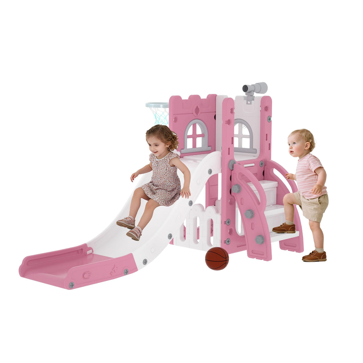 6-in-1 Toddler Slide Play Set for Ages 1–3,Multi-Functional Indoor Outdoor Kids Slide with Basketball Hoop&Telescope,L-Shaped Children Slidem,Pink