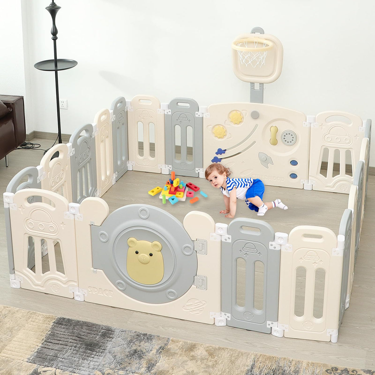Foldable Kids Activity Play Yard with Lockable Gate&Customizable Game Panel,14-Panel Safe Baby Play Fence for Indoor and Outdoor Use,Gray White