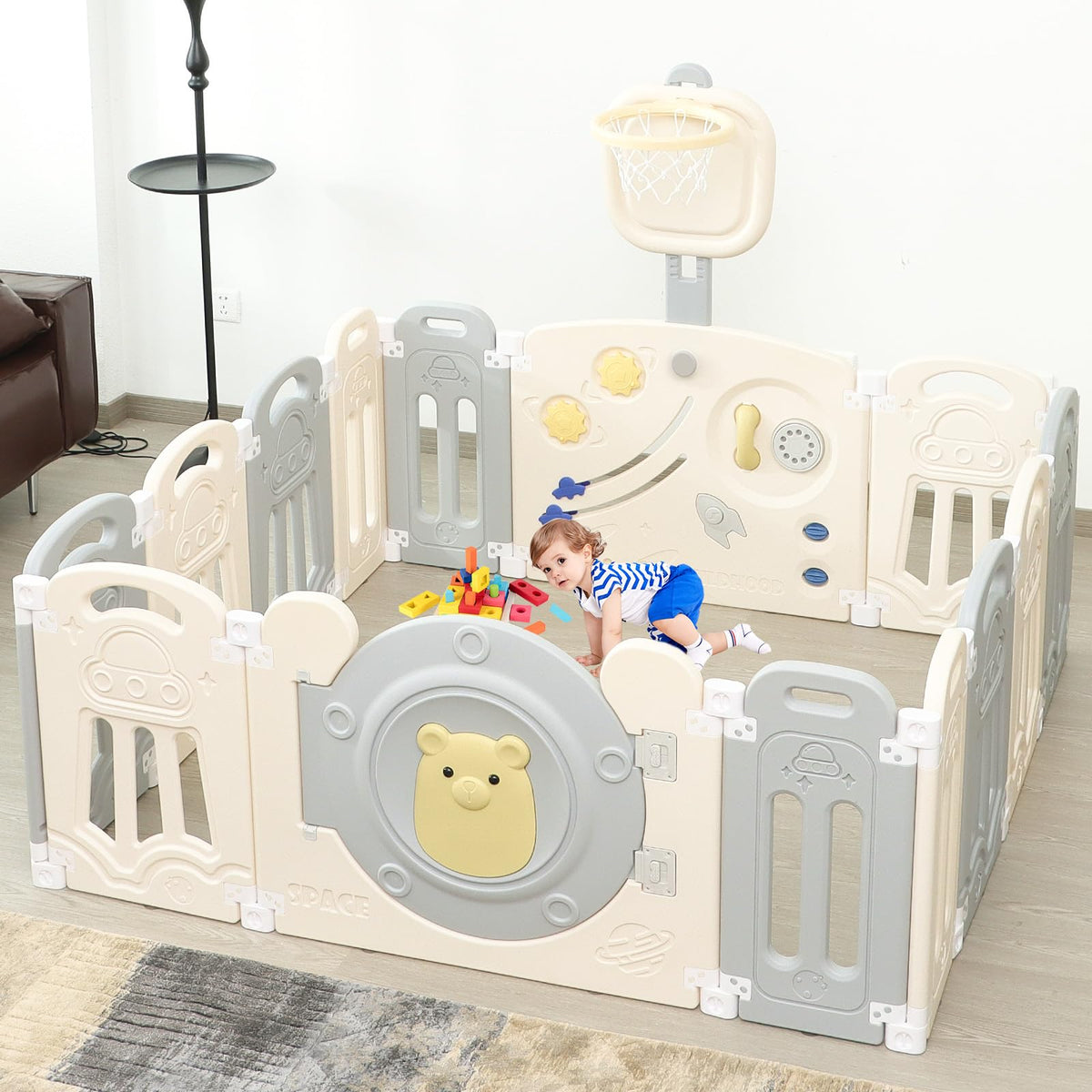 Adjustable Game Panel Foldable Baby Play Yard with Secure Lock Door,18-Panel Safety Kids Play Fence for Indoor&Outdoor Activity Center,Gray White