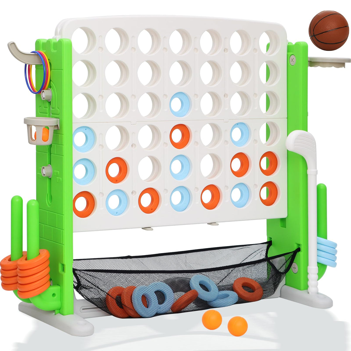 Jumbo 4-to-Score Connect Game with Height Adjustment, Multi-Game Set Including Golf, Basketball Hoop, Ring Toss & Mesh Bag,Blue