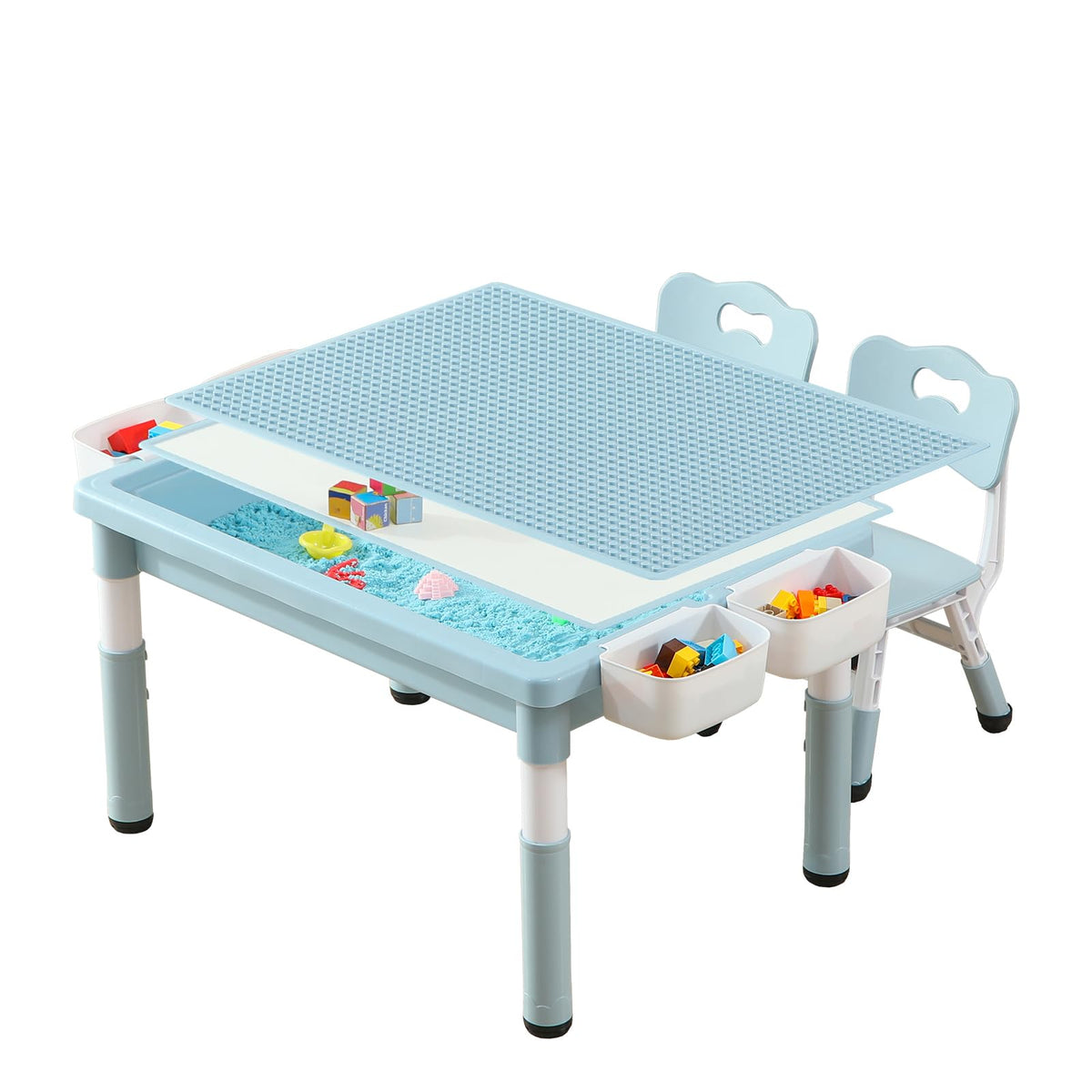 4-in-1 Toddler Activity Table with 2 Chairs, Double Sided Tabletop for Graffiti & Building Blocks, Kids Play Set with Four Side Storage Bins,Brown