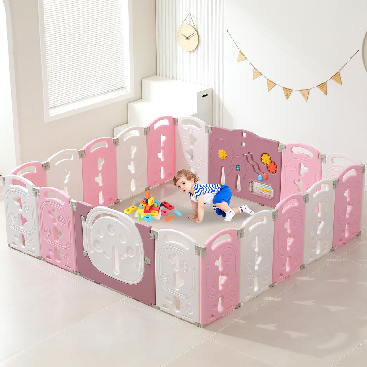 14-Panel Portable Plastic Playpen,Safe Activity Fence for Toddlers,Pink