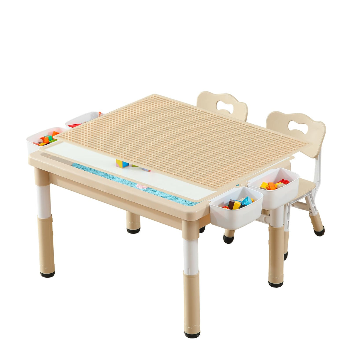 4-in-1 Toddler Activity Table with 2 Chairs, Double Sided Tabletop for Graffiti & Building Blocks, Kids Play Set with Four Side Storage Bins,Pink
