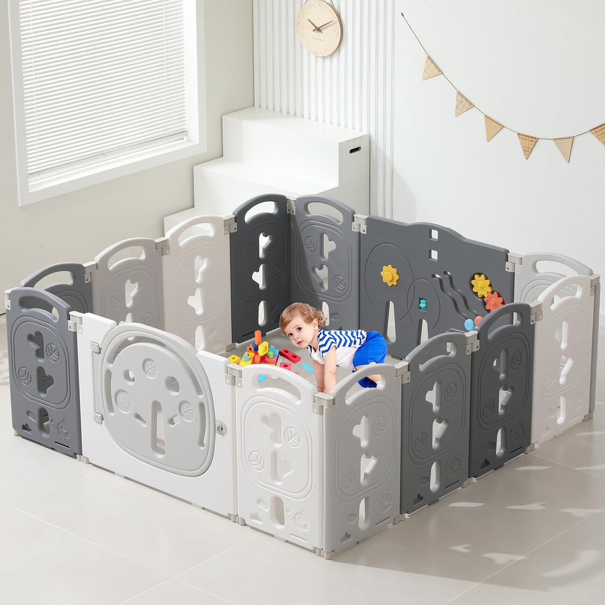 14-Panel Portable Plastic Playpen,Safe Activity Fence for Toddlers,Blue