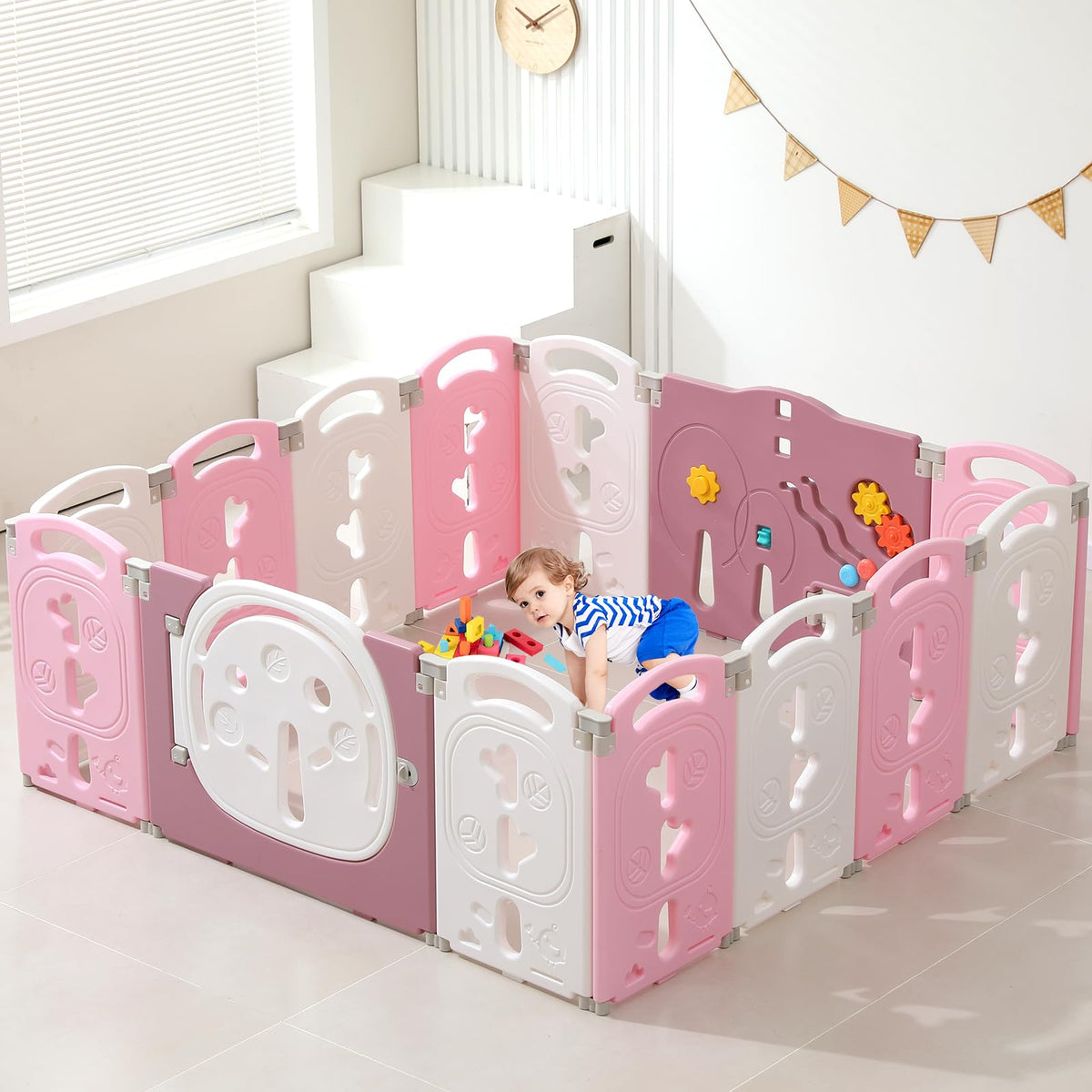 18-Panel Portable Plastic Playpen,Safe Activity Fence for Toddlers,Green