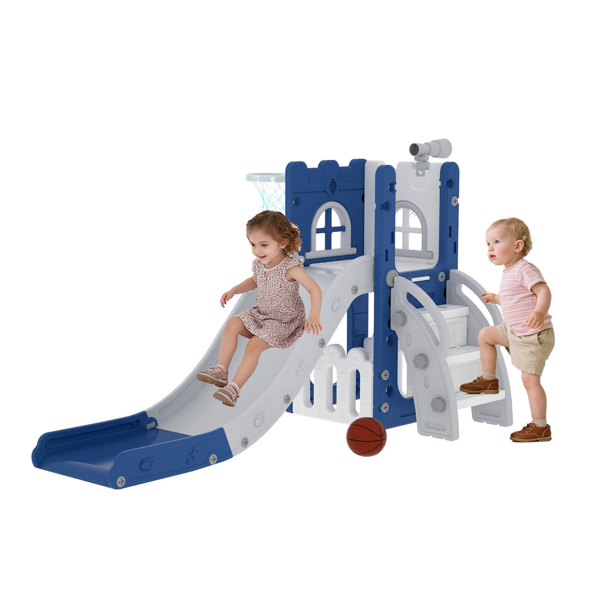 6-in-1 Toddler Slide Play Set for Ages 1–3,Multi-Functional Indoor Outdoor Kids Slide with Basketball Hoop&Telescope,L-Shaped Children Slidem,Grey