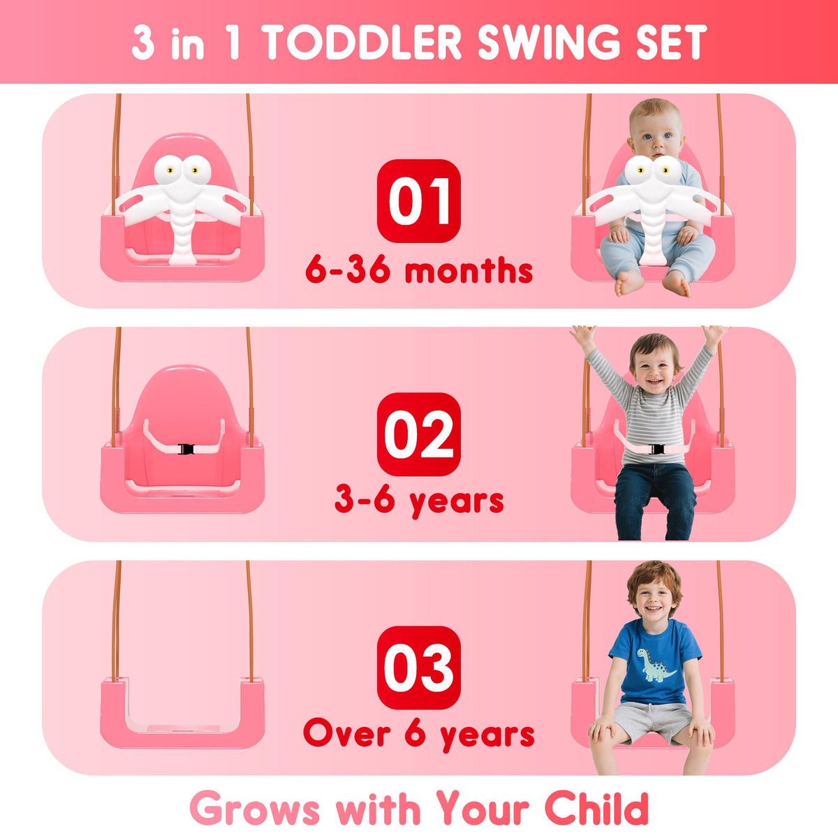 Kids Swing Set,3-in-1 Design with Safety Belt,Sturdy Metal Stand,Easy Quick Assembly,Indoor & Outdoor Suitable for Backyard,Playground and Nursery,Pink