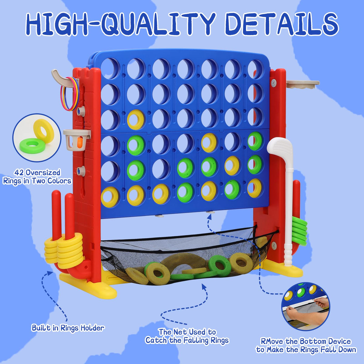 Jumbo 4-to-Score Connect Game with Height Adjustment, Multi-Game Set Including Golf, Basketball Hoop, Ring Toss & Mesh Bag,Blue