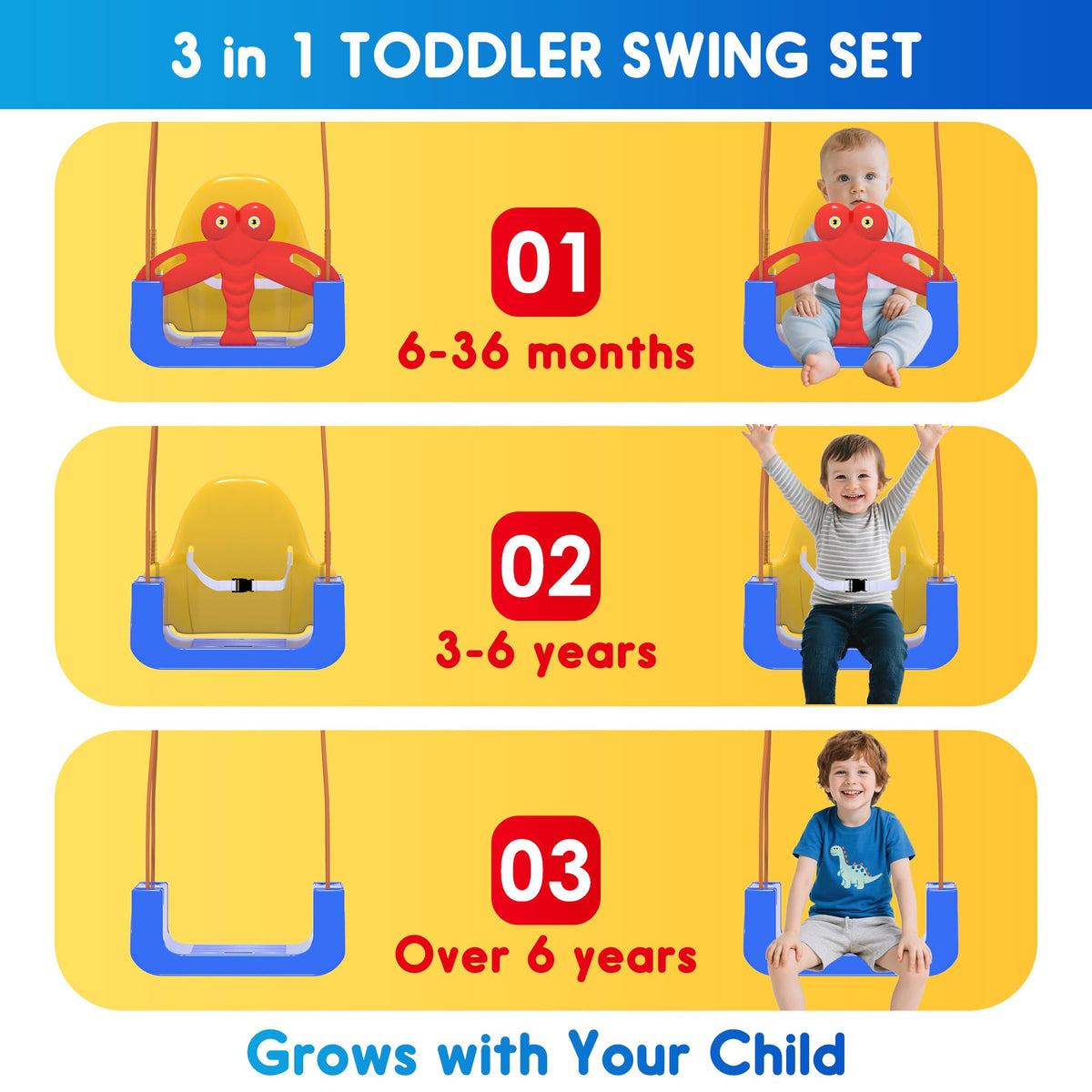Kids Swing Set,3-in-1 Design with Safety Belt,Sturdy Metal Stand,Easy Quick Assembly,Indoor & Outdoor Suitable for Backyard,Playground and Nursery,Blue